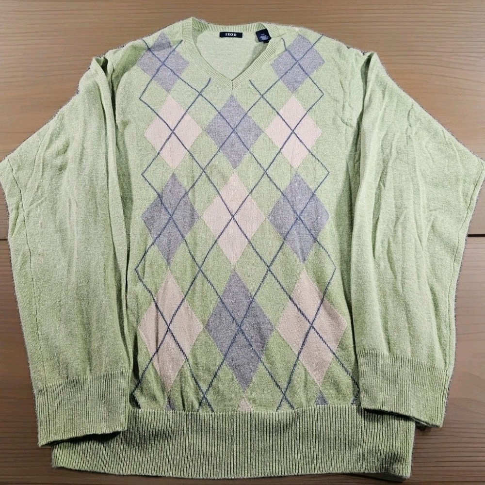 IZOD Argyle Sweater Mens L Green V-Neck Long Sleeve Knit Pullover Y2K Preppy - Picture 4 of 9